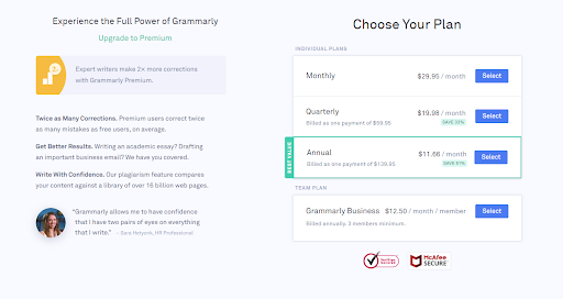 Grammarly plans and pricing 