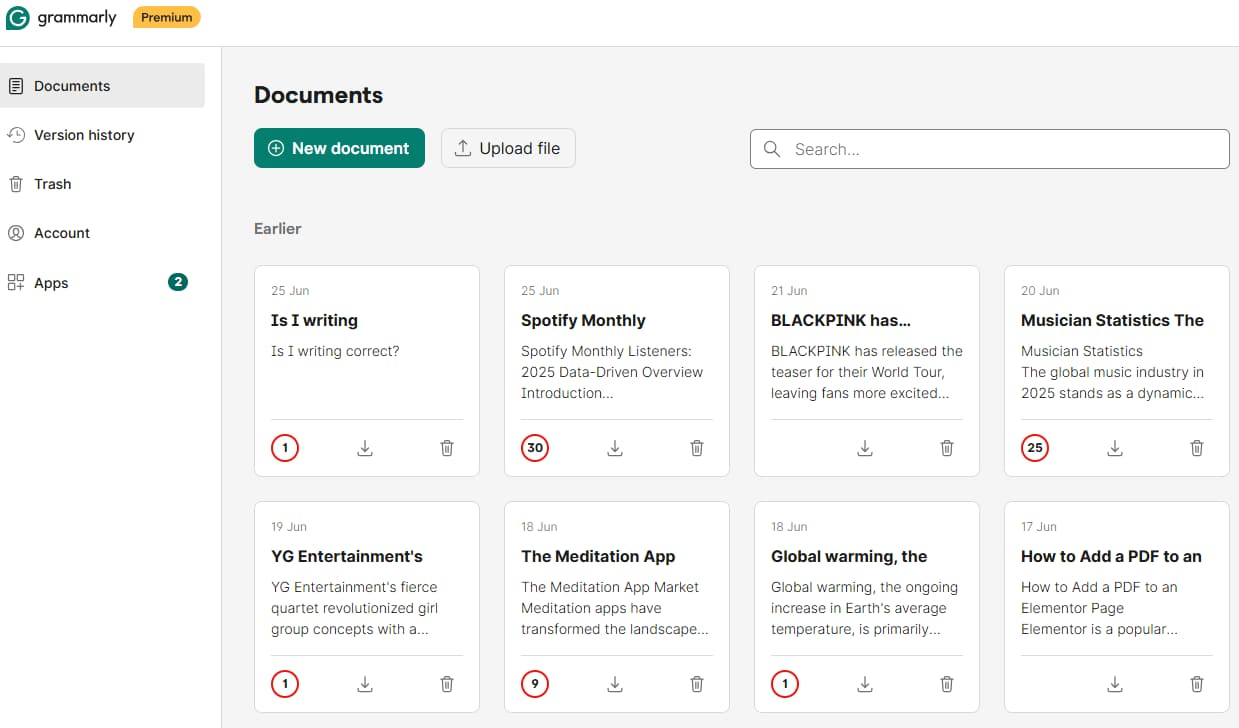 Grammarly Personal Dashboard