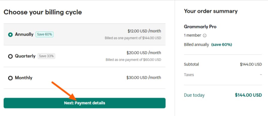 Choose Grammarly Billing Cycle