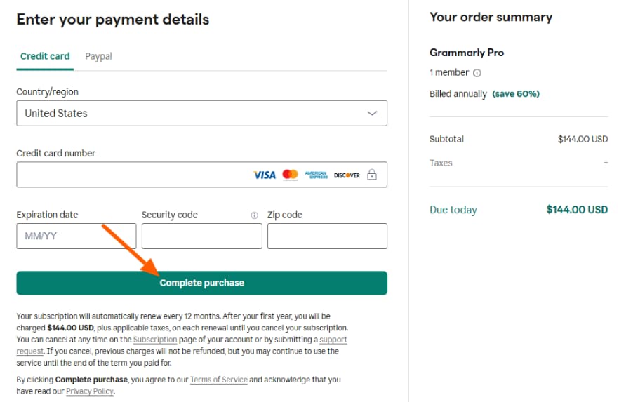 Grammarly Checkout Page