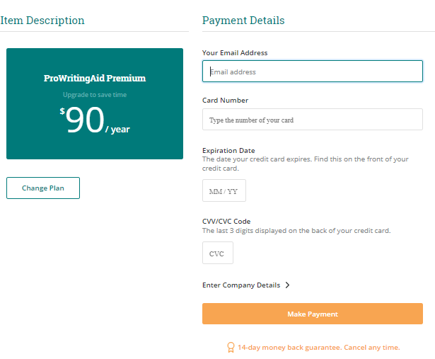 ProWritinngAid Paymnt details